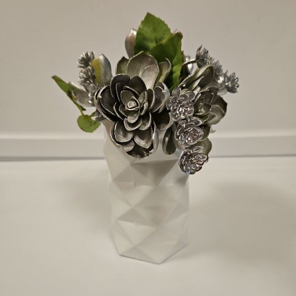 Silver Floral Arrangement in White Vase - Picture 3 of 7